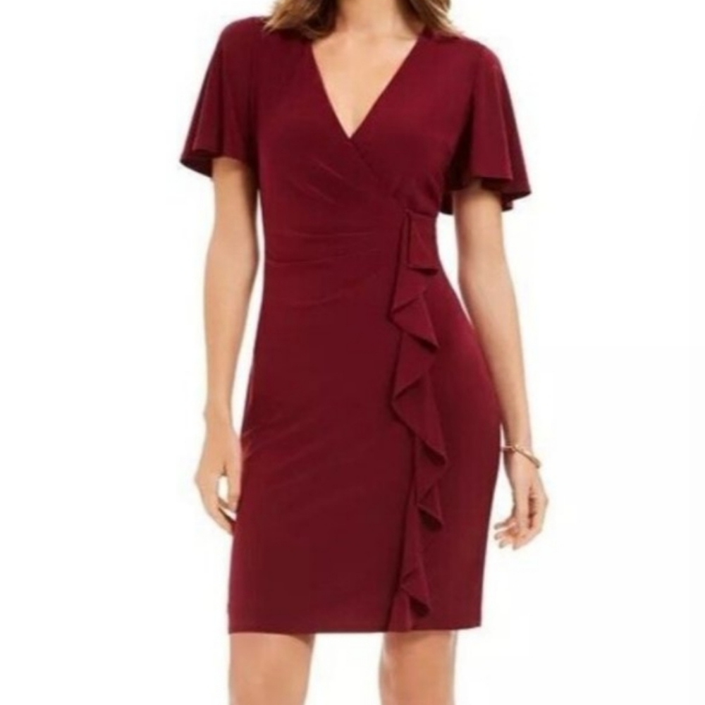 Jessica Howard Women's Cascading-Ruffle Sheath Red Wine Colored Dress, S…